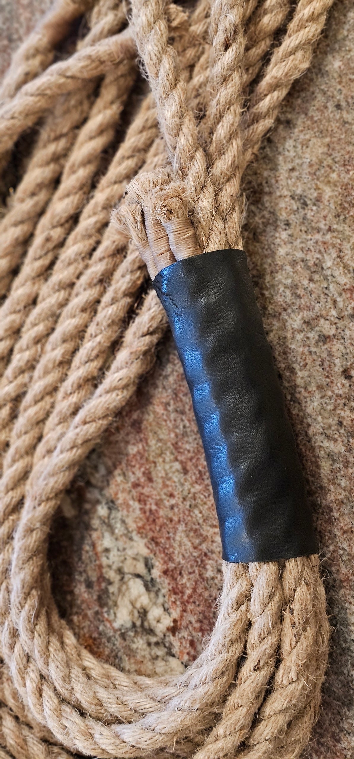 Jute Rope Flogger with Black Leather wrapped Handle